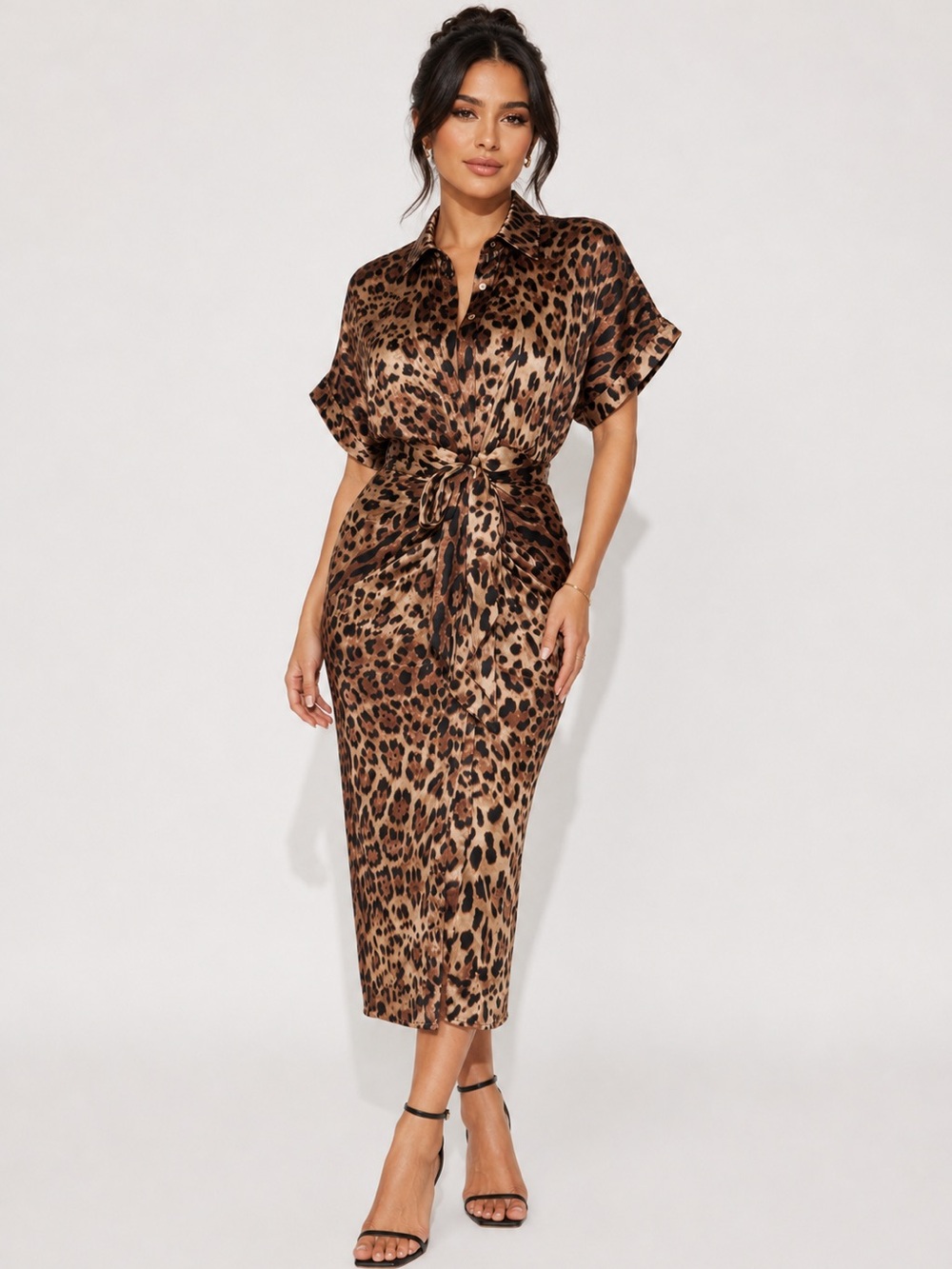 Fashion Nova Brown and Black Leopard Print Button Front Midi Dress 1X NWT